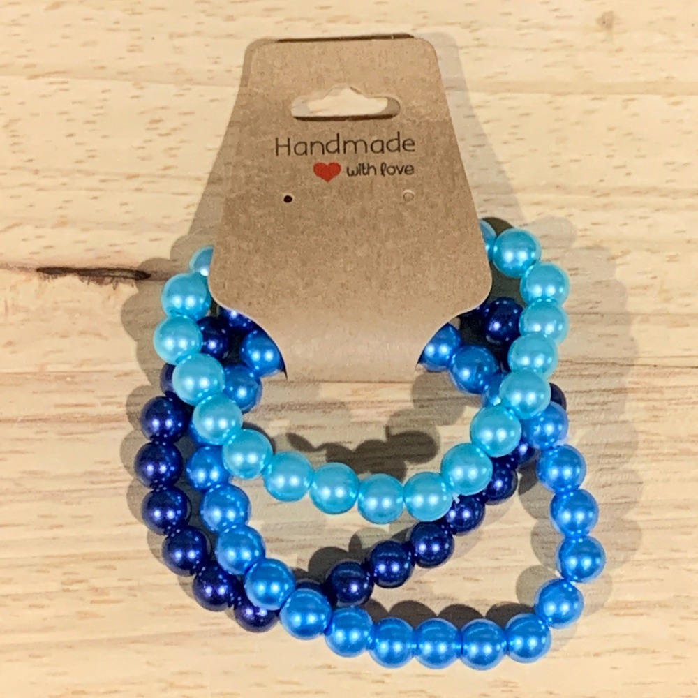 Handmade Beaded Bracelet Women OS 3pc Blue Faux Pearl Stretch Set Mermaidcore